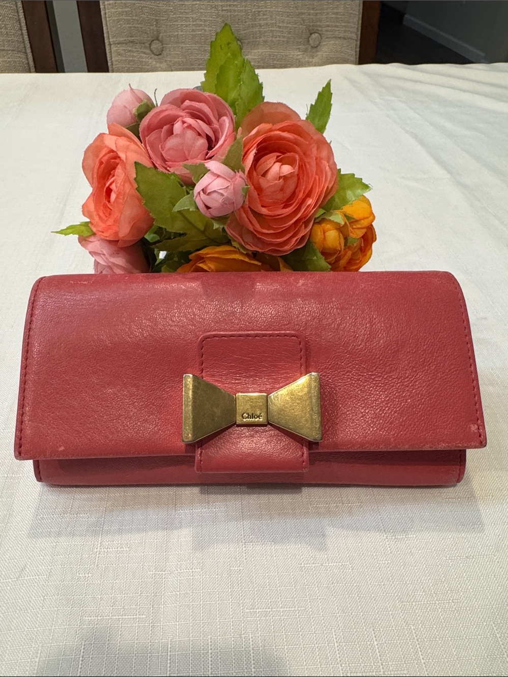 Authentic Chloe Pink Leather Bow-Front Wallet